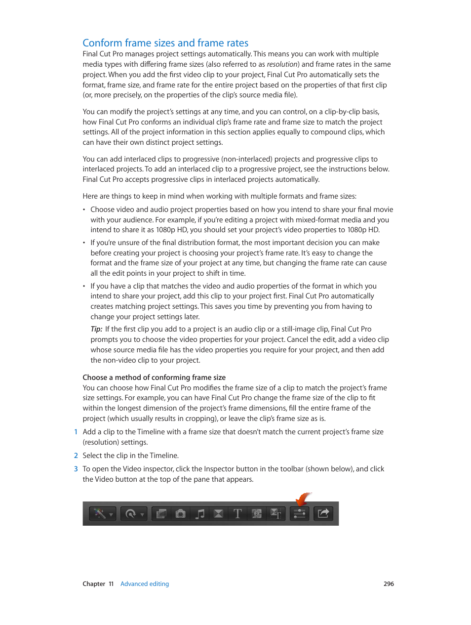 Conform frame sizes and frame rates, 296 conform frame sizes and frame rates | Apple Final Cut Pro X (10.0.9) User Manual | Page 296 / 476