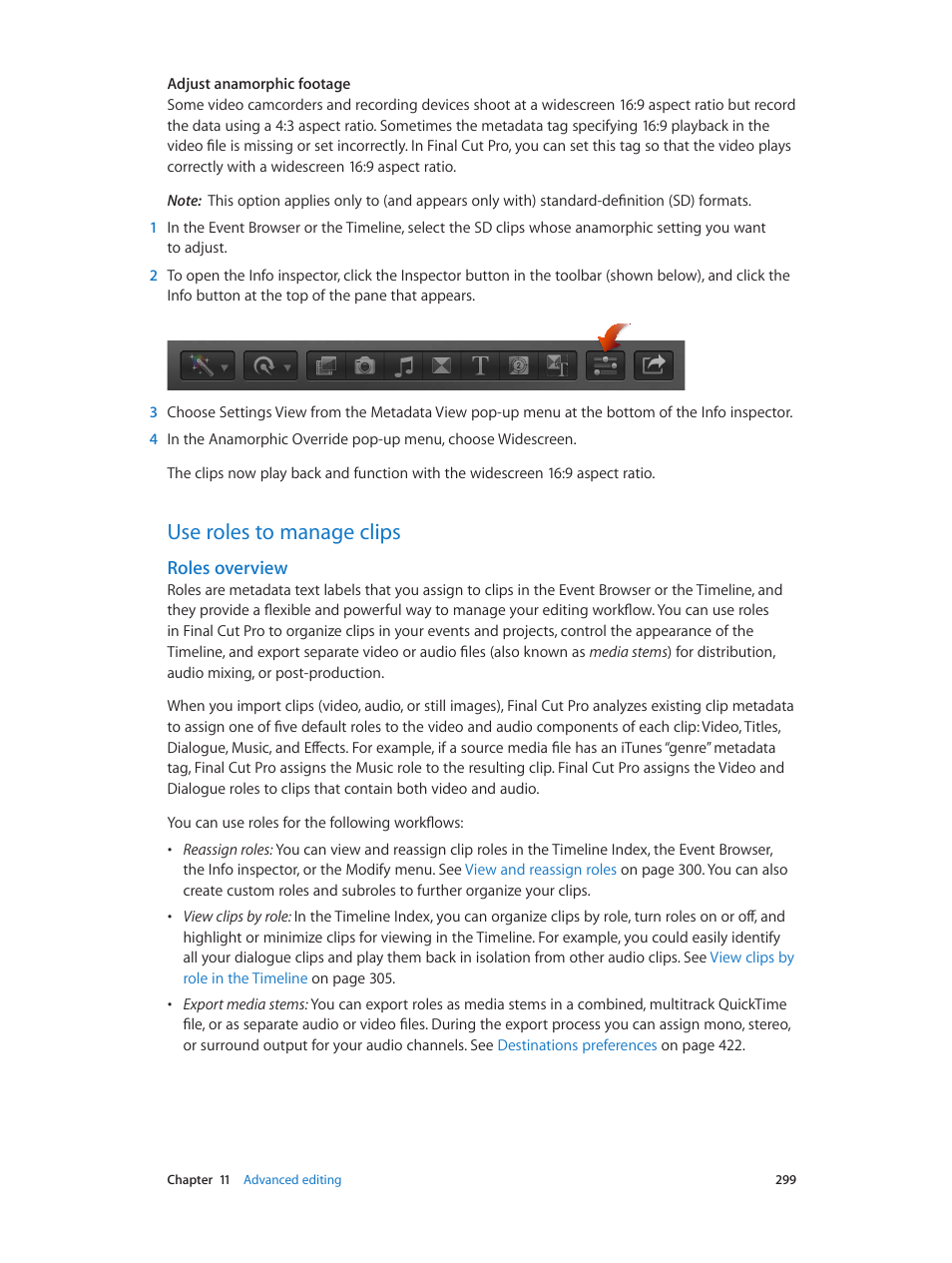 Use roles to manage clips, Roles overview, 299 use roles to manage clips 299 | Apple Final Cut Pro X (10.0.9) User Manual | Page 299 / 476