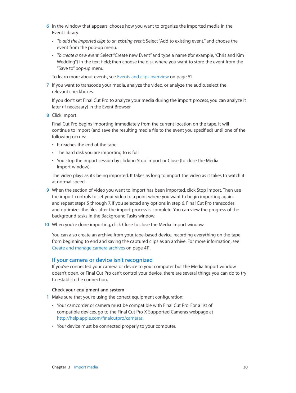 If your camera or device isn’t recognized | Apple Final Cut Pro X (10.0.9) User Manual | Page 30 / 476