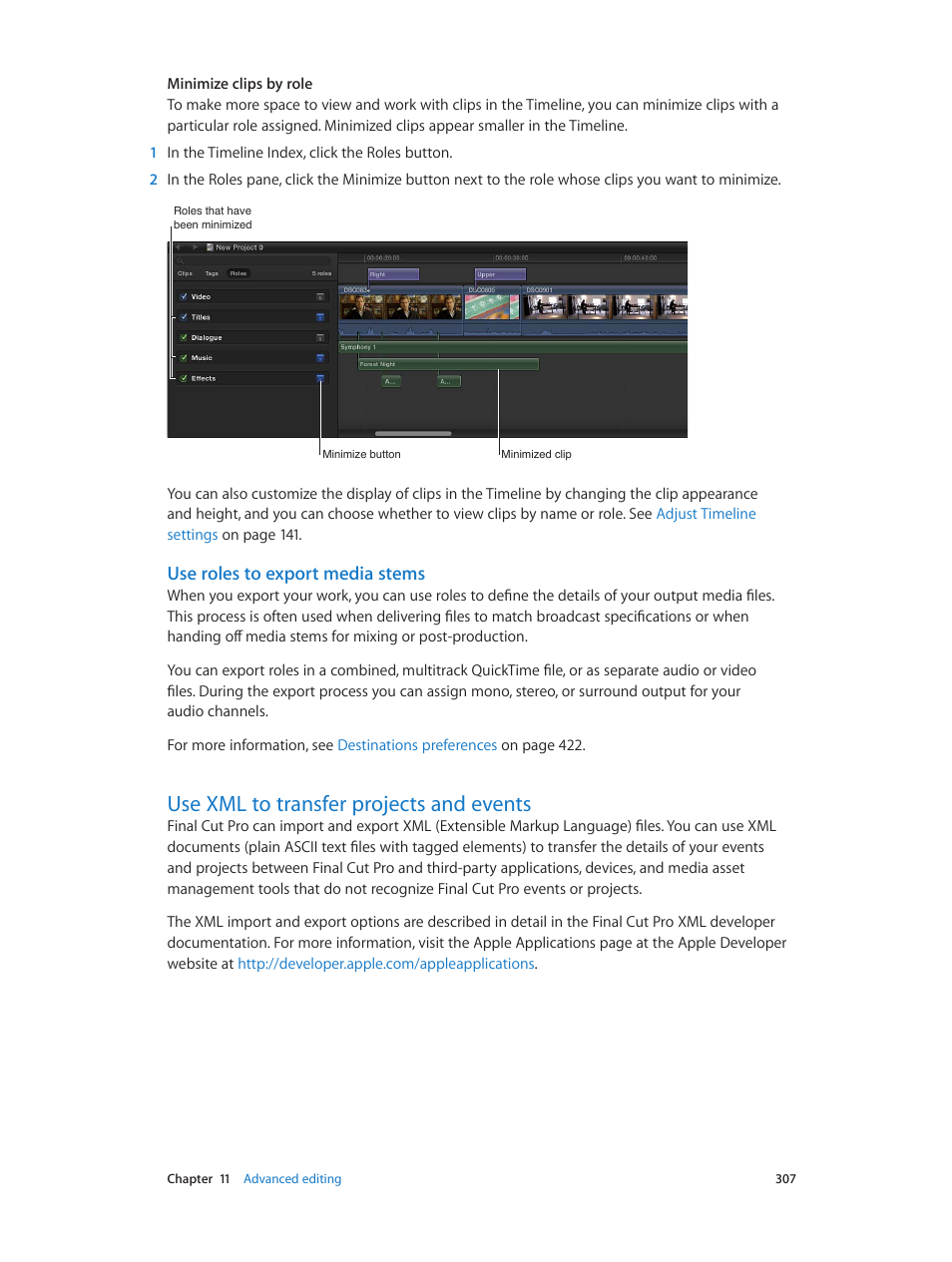 Use roles to export media stems, Use xml to transfer projects and events, 307 use xml to transfer projects and events | Apple Final Cut Pro X (10.0.9) User Manual | Page 307 / 476