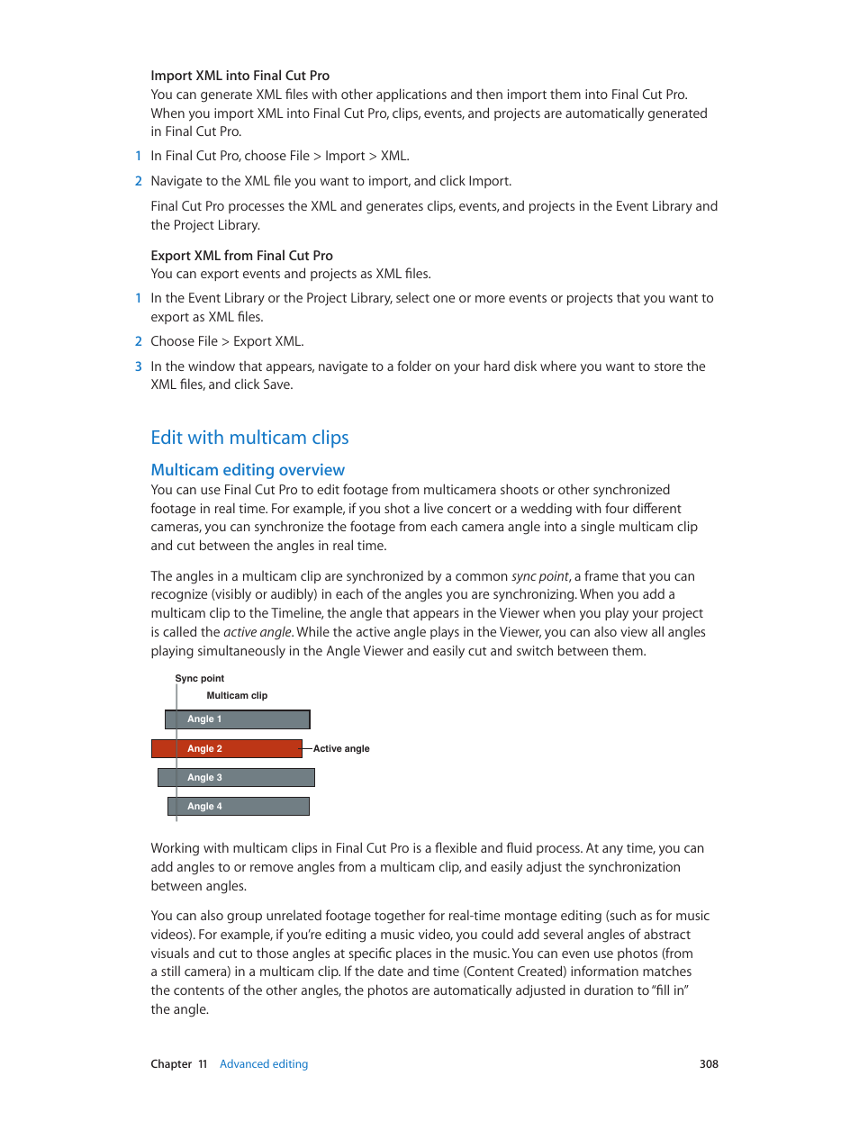Edit with multicam clips, Multicam editing overview, 308 edit with multicam clips 308 | Apple Final Cut Pro X (10.0.9) User Manual | Page 308 / 476