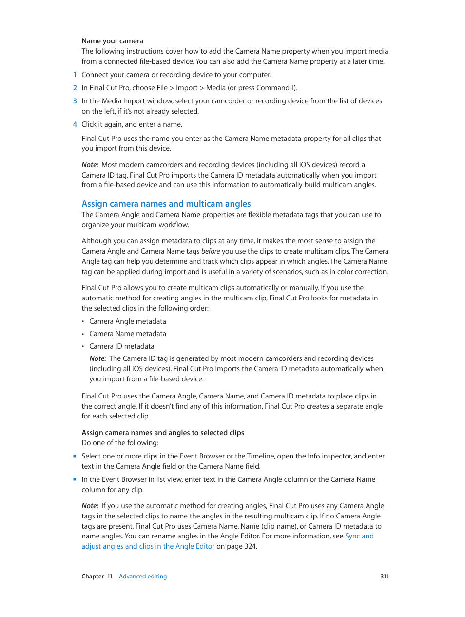 Assign camera names and multicam angles | Apple Final Cut Pro X (10.0.9) User Manual | Page 311 / 476