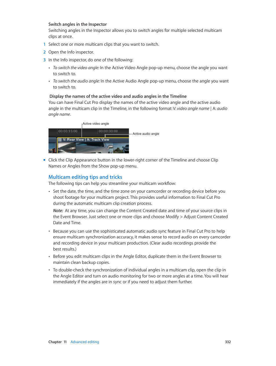 Multicam editing tips and tricks | Apple Final Cut Pro X (10.0.9) User Manual | Page 332 / 476