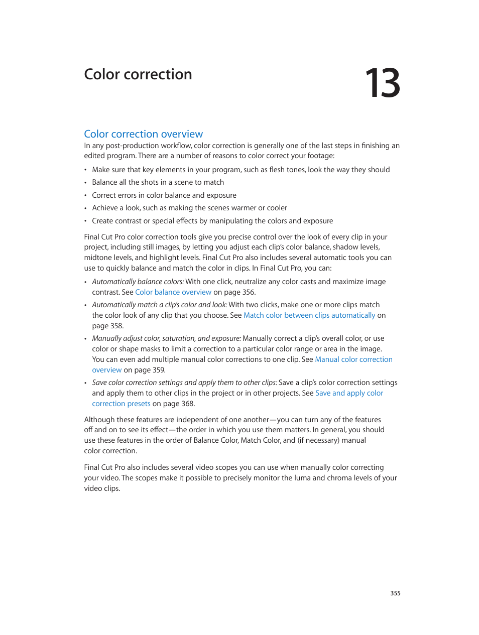 Chapter 13: color correction, Color correction overview, 355 color correction overview | Color correction, Overview | Apple Final Cut Pro X (10.0.9) User Manual | Page 355 / 476