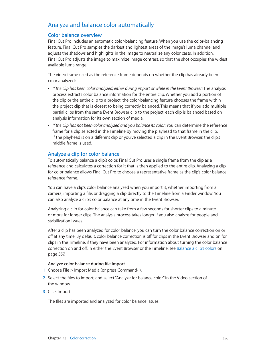 Analyze and balance color automatically, Color balance overview, Analyze a clip for color balance | 356 analyze and balance color automatically 356 | Apple Final Cut Pro X (10.0.9) User Manual | Page 356 / 476