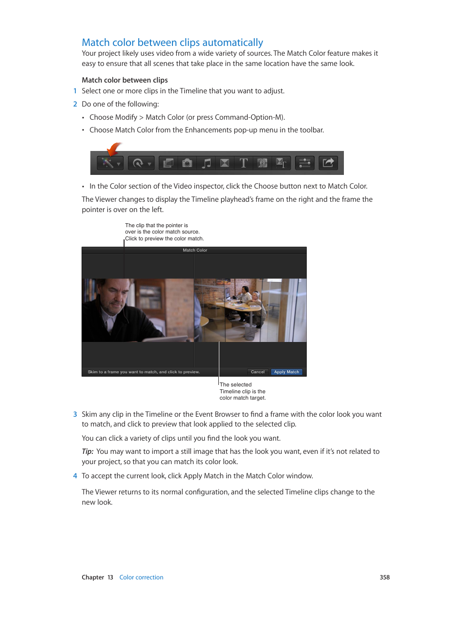 Match color between clips automatically, 358 match color between clips automatically | Apple Final Cut Pro X (10.0.9) User Manual | Page 358 / 476