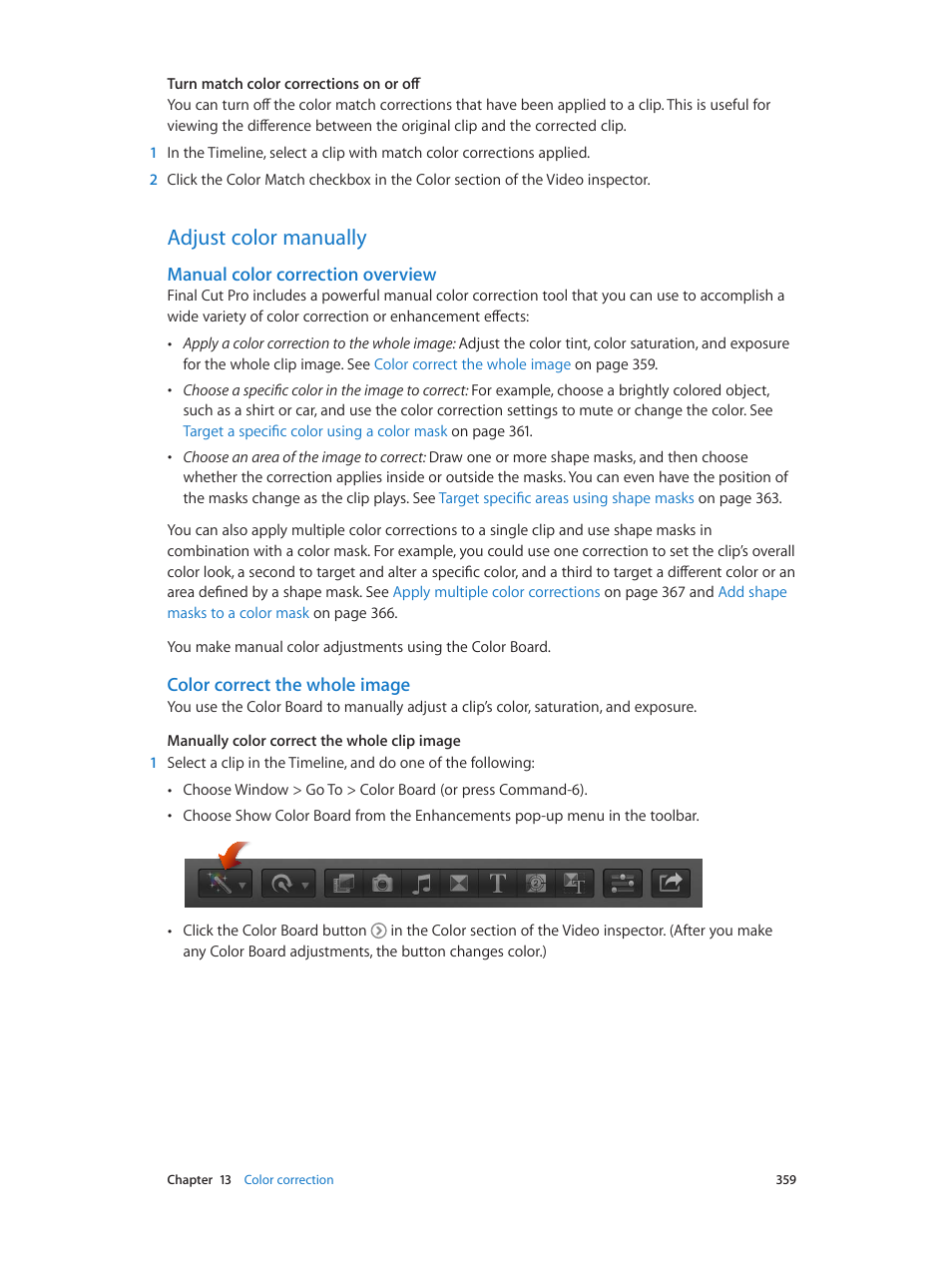 Adjust color manually, Manual color correction overview, Color correct the whole image | 359 adjust color manually 359, Manual color correction, Overview | Apple Final Cut Pro X (10.0.9) User Manual | Page 359 / 476