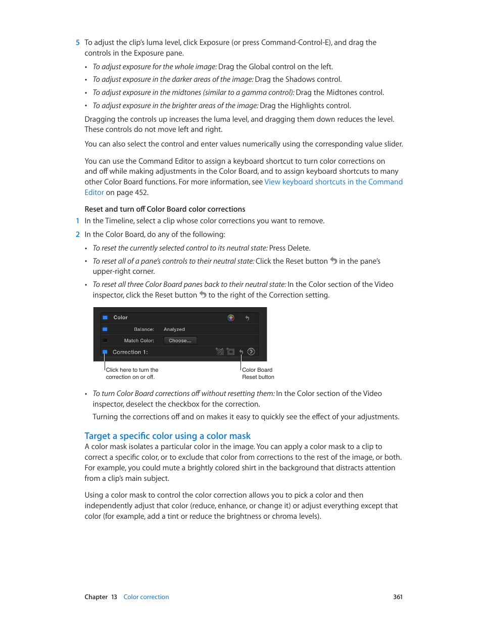 Target a specific color using a color mask | Apple Final Cut Pro X (10.0.9) User Manual | Page 361 / 476