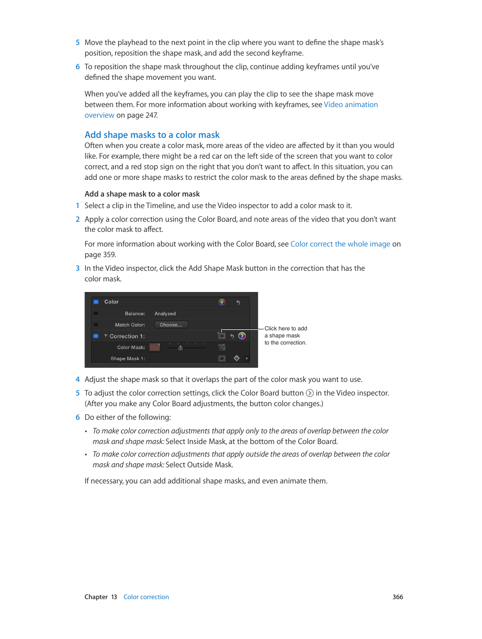 Add shape masks to a color mask, Add shape, Masks to a color mask | Apple Final Cut Pro X (10.0.9) User Manual | Page 366 / 476