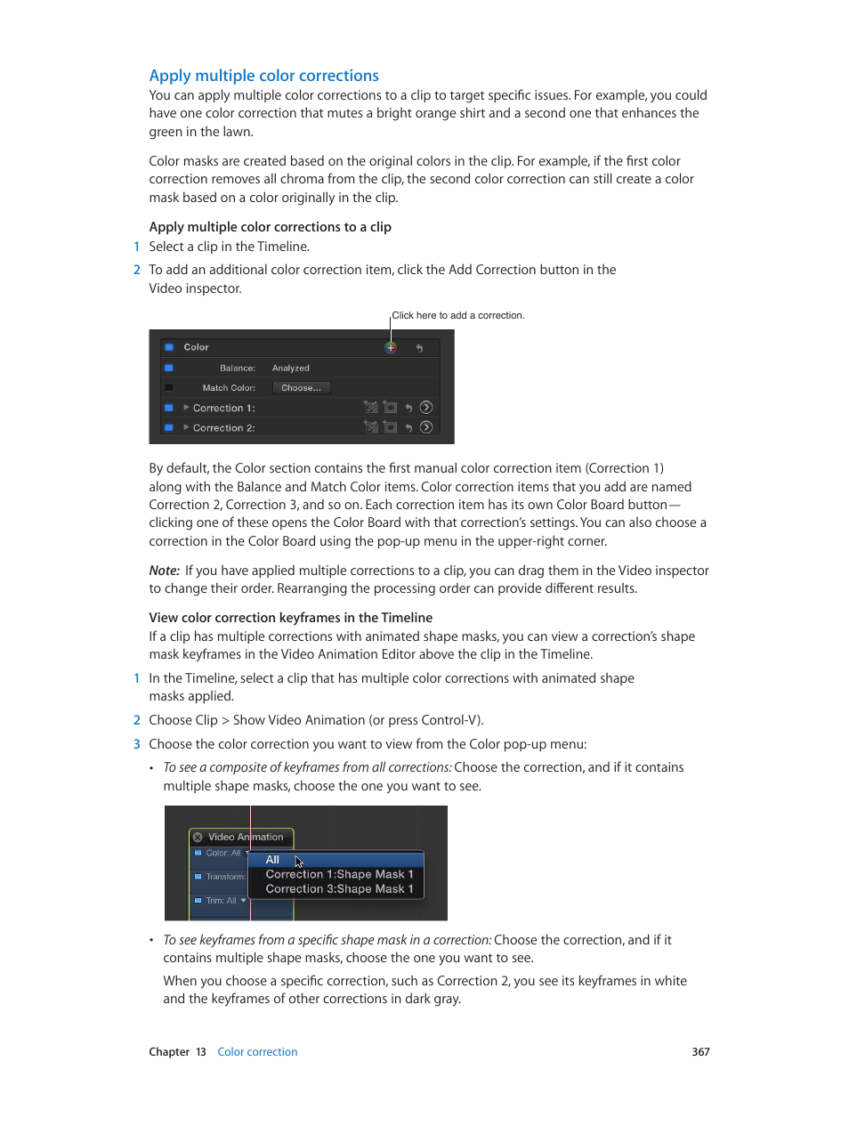 Apply multiple color corrections, 367 and | Apple Final Cut Pro X (10.0.9) User Manual | Page 367 / 476