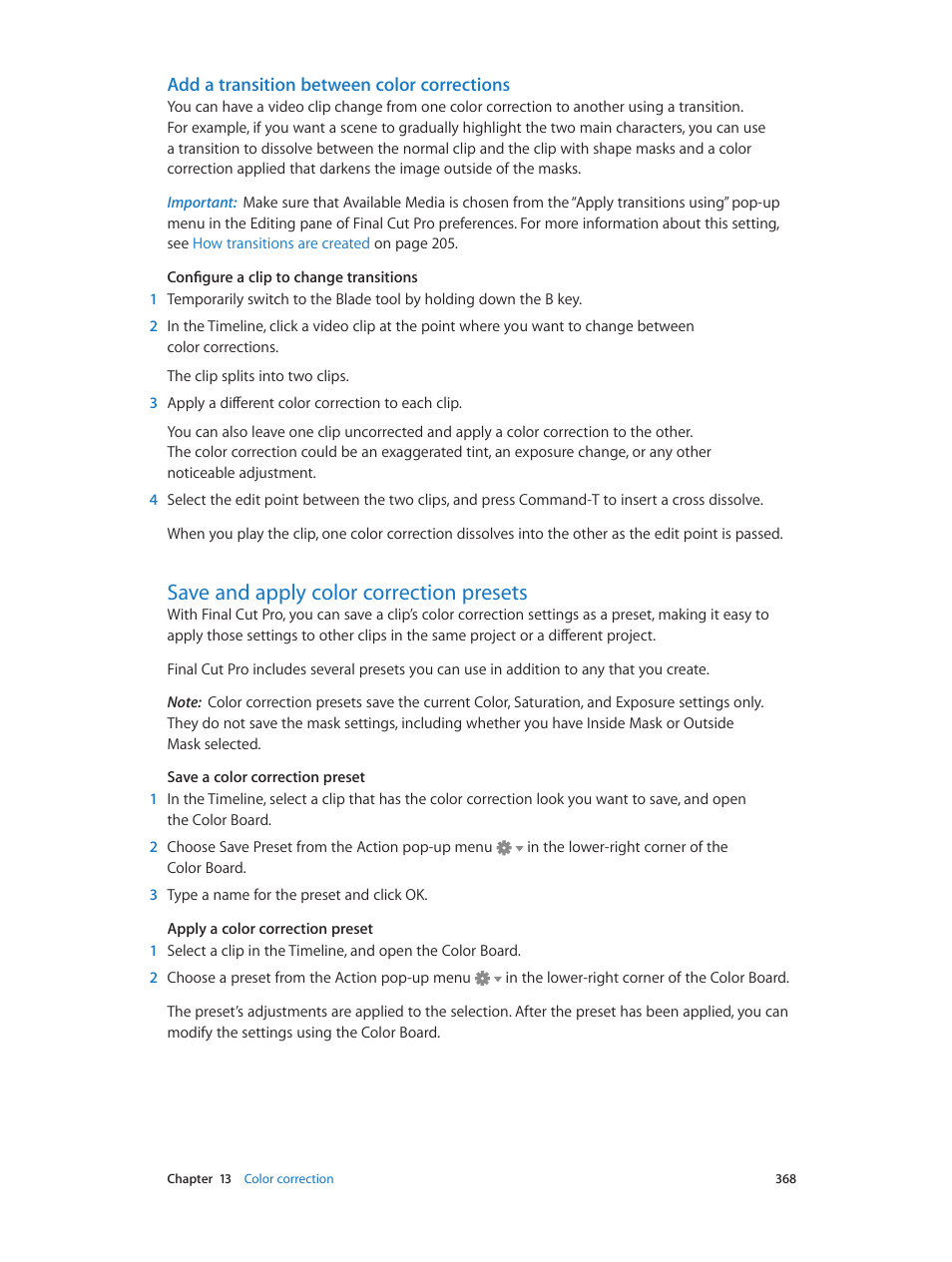 Add a transition between color corrections, Save and apply color correction presets, 368 save and apply color correction presets | Save and apply color, Correction presets | Apple Final Cut Pro X (10.0.9) User Manual | Page 368 / 476