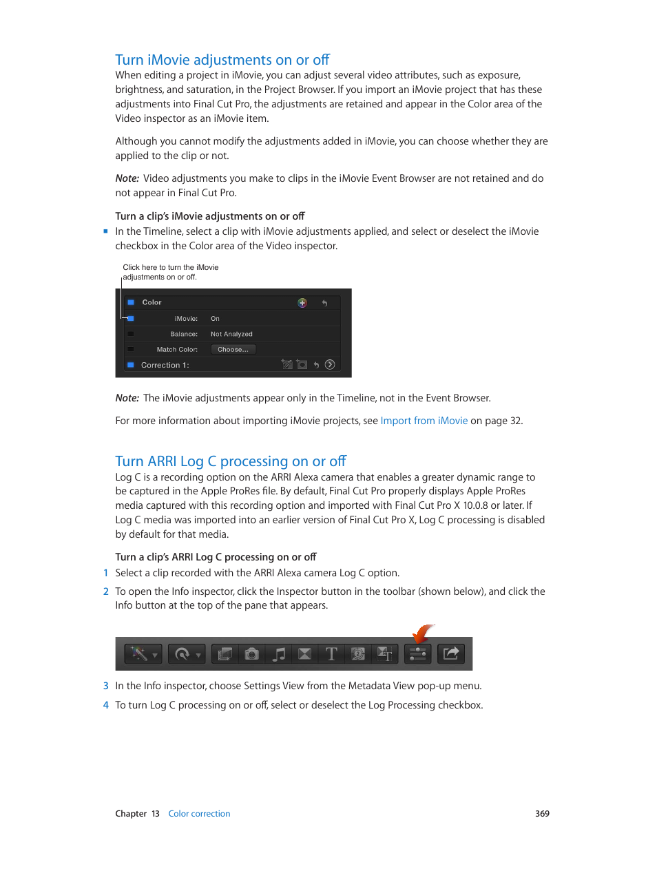 Turn imovie adjustments on or off, Turn arri log c processing on or off | Apple Final Cut Pro X (10.0.9) User Manual | Page 369 / 476