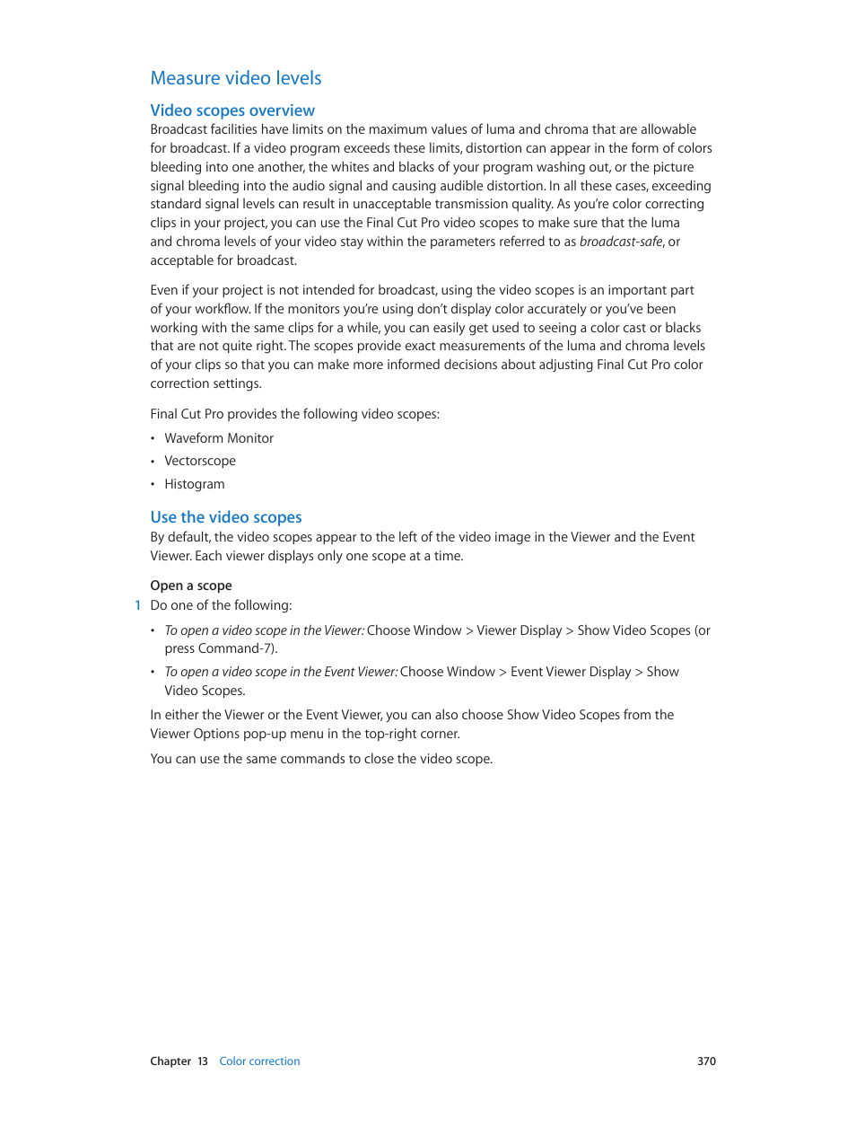 Measure video levels, Video scopes overview, Use the video scopes | 370 measure video levels 370 | Apple Final Cut Pro X (10.0.9) User Manual | Page 370 / 476