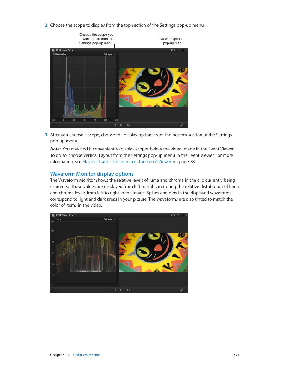 Waveform monitor display options | Apple Final Cut Pro X (10.0.9) User Manual | Page 371 / 476