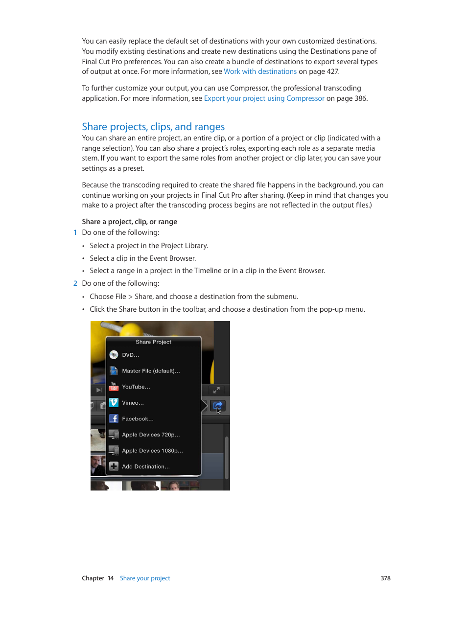 Share projects, clips, and ranges, 378 share projects, clips, and ranges, Share projects, clips, and | Ranges | Apple Final Cut Pro X (10.0.9) User Manual | Page 378 / 476