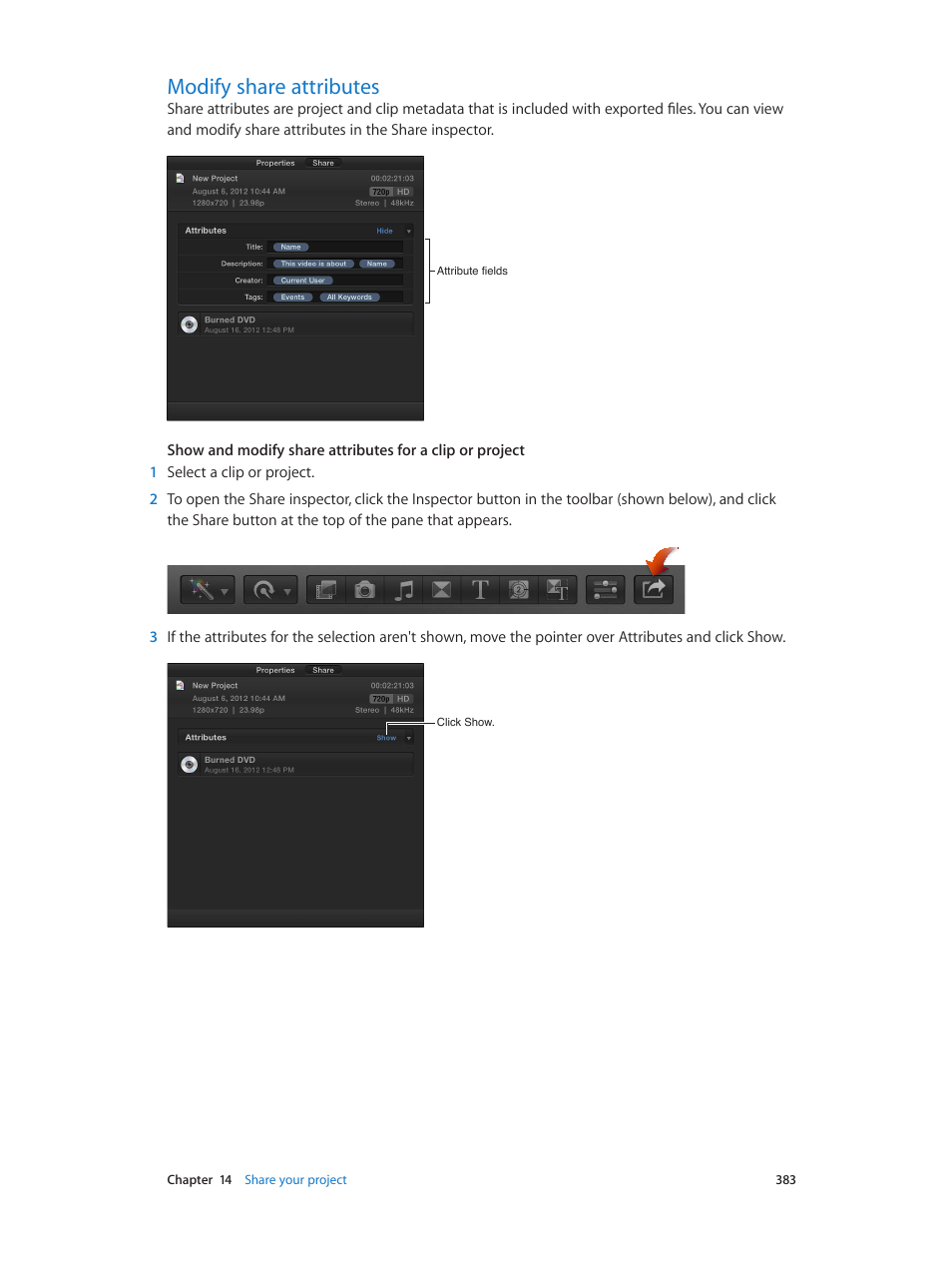 Modify share attributes, 383 modify share attributes, Modify share | Attributes | Apple Final Cut Pro X (10.0.9) User Manual | Page 383 / 476