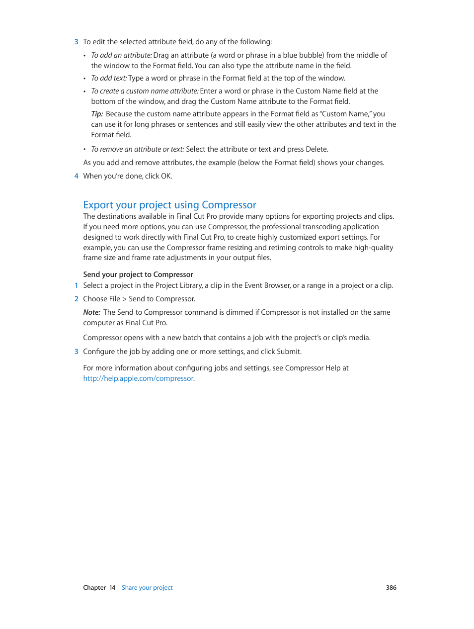 Export your project using compressor, 386 export your project using compressor | Apple Final Cut Pro X (10.0.9) User Manual | Page 386 / 476