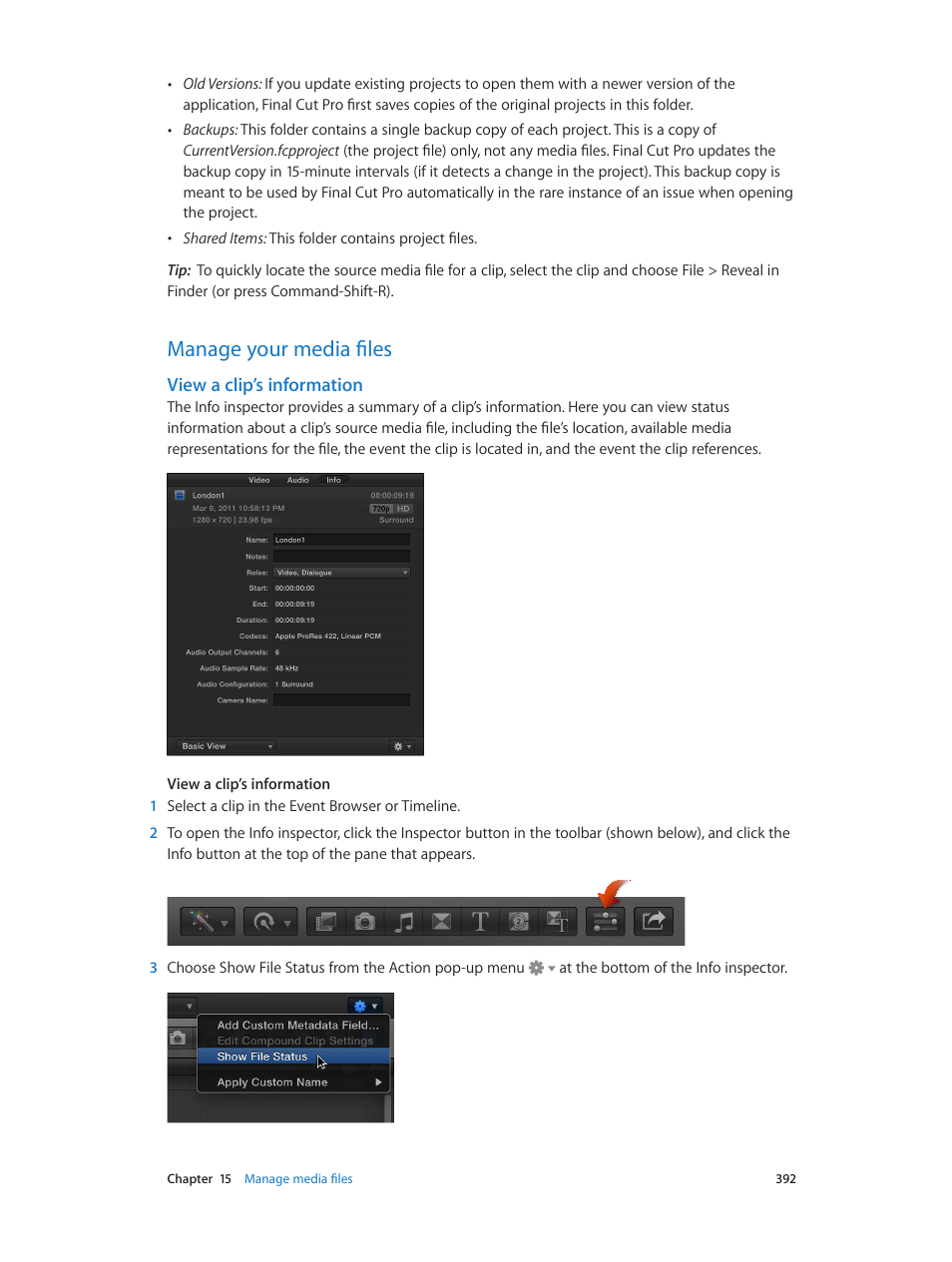 Manage your media files, View a clip’s information, 392 manage your media files 392 | Apple Final Cut Pro X (10.0.9) User Manual | Page 392 / 476