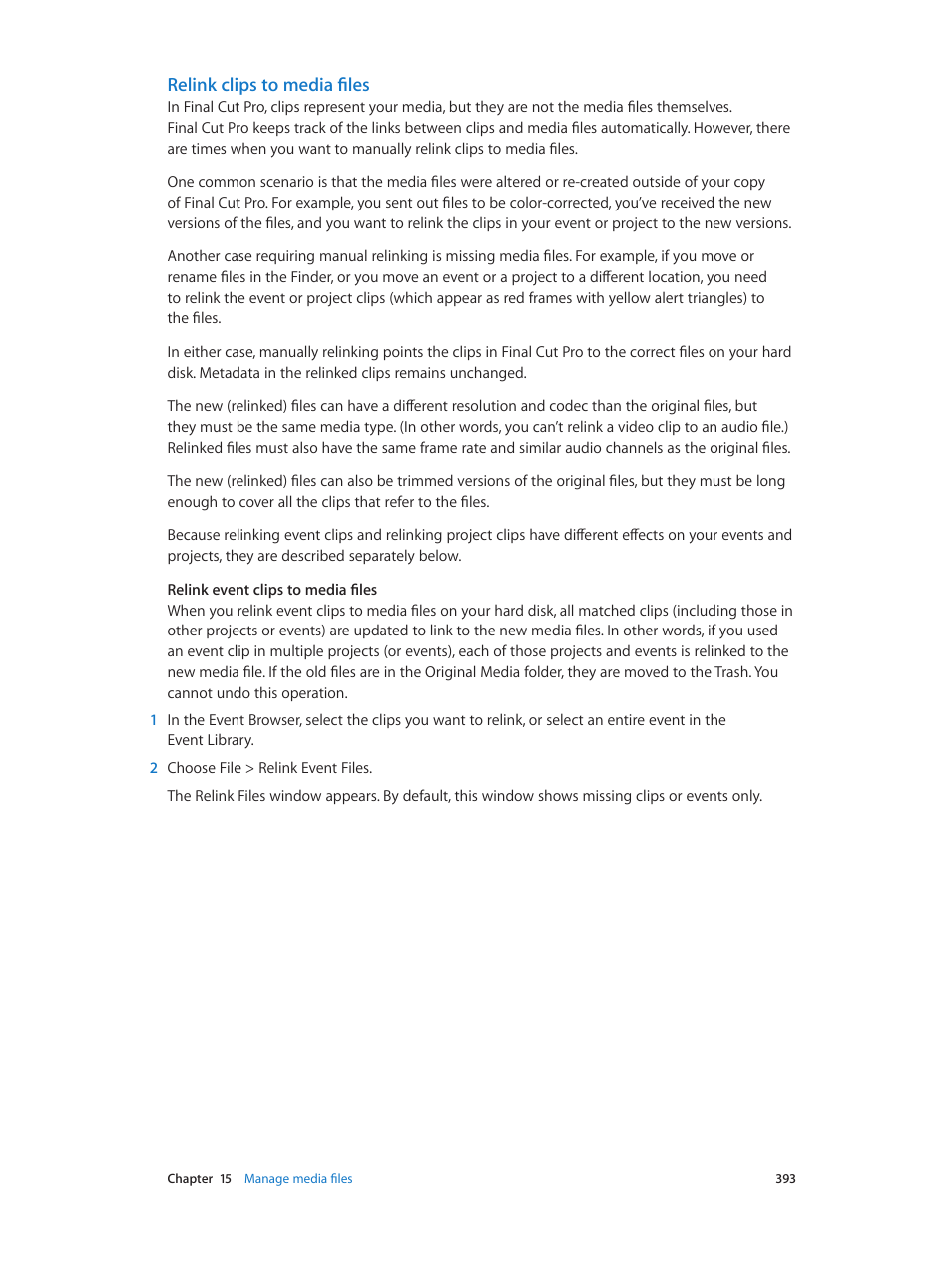 Relink clips to media files | Apple Final Cut Pro X (10.0.9) User Manual | Page 393 / 476