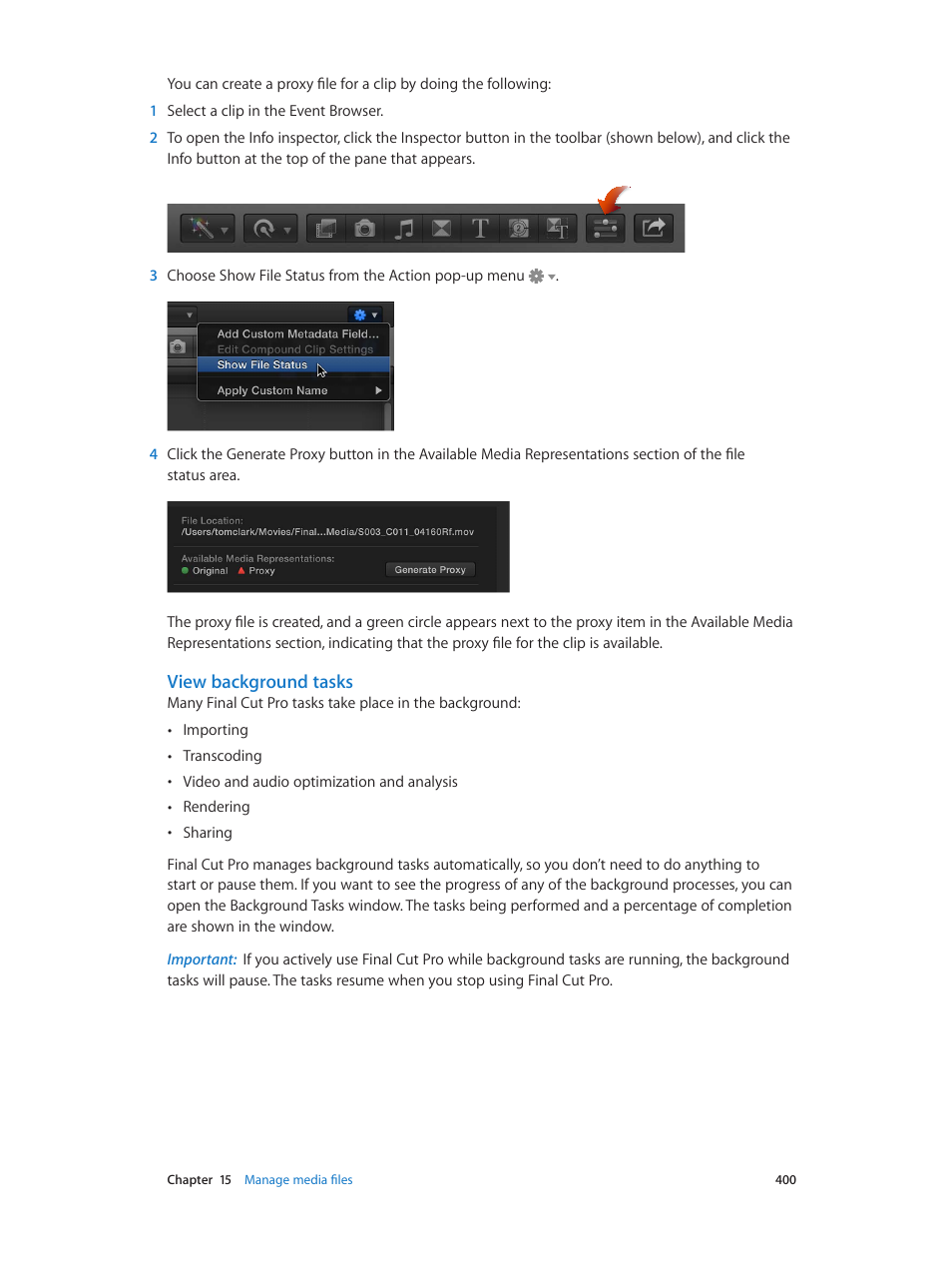View background tasks, 400 f | Apple Final Cut Pro X (10.0.9) User Manual | Page 400 / 476
