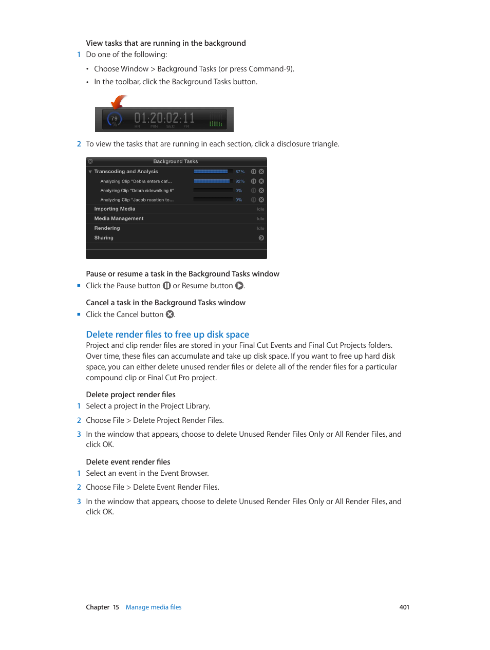 Delete render files to free up disk space | Apple Final Cut Pro X (10.0.9) User Manual | Page 401 / 476