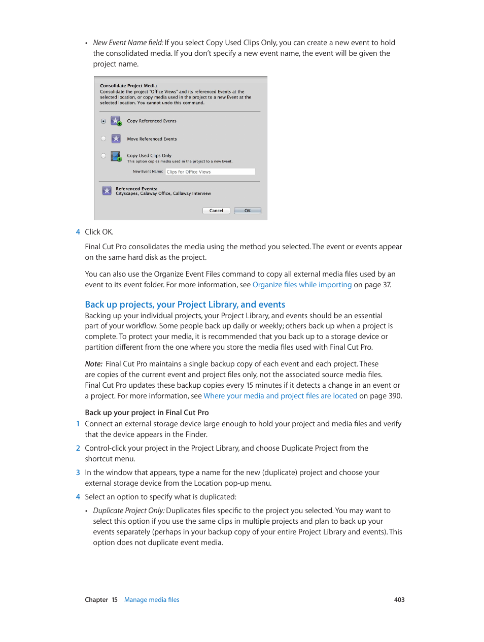 Back up projects, your project library, and events, Back up projects, Your project library, and events | Apple Final Cut Pro X (10.0.9) User Manual | Page 403 / 476