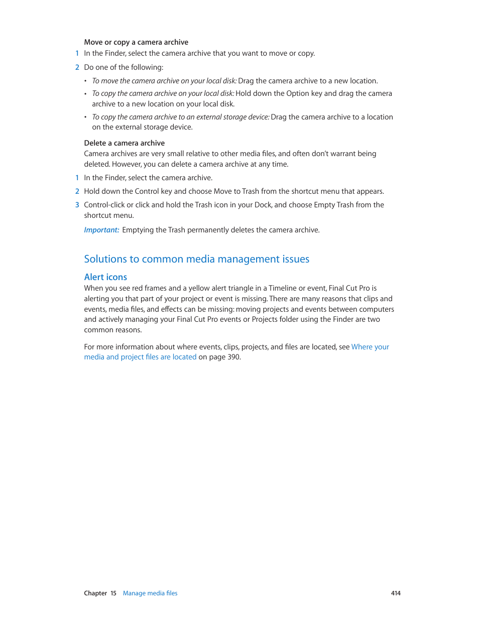 Solutions to common media management issues, Alert icons, 414 f | Apple Final Cut Pro X (10.0.9) User Manual | Page 414 / 476