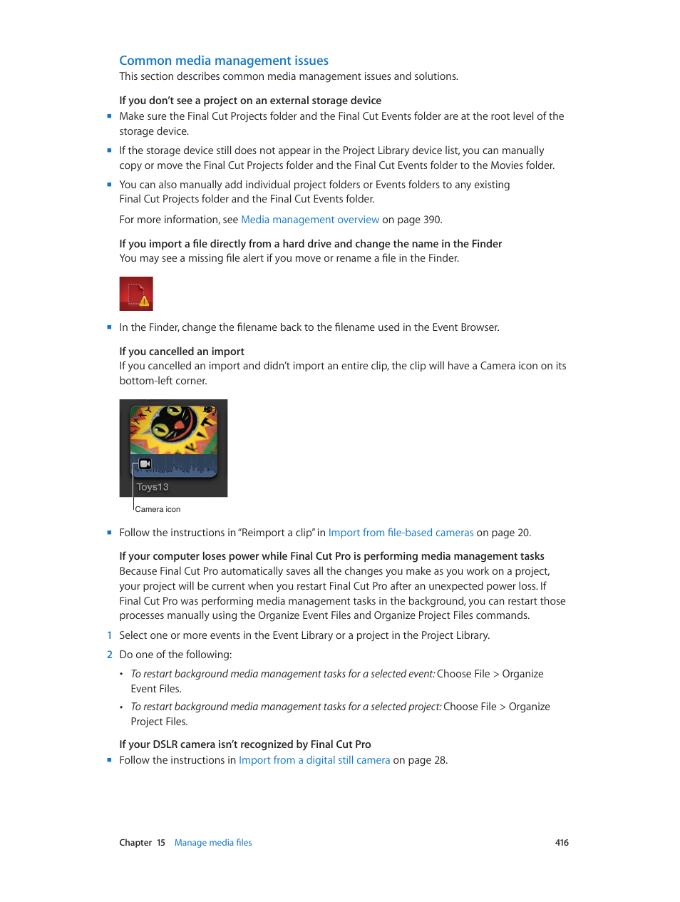Common media management issues, Common media management, Issues | Common media, Management issues | Apple Final Cut Pro X (10.0.9) User Manual | Page 416 / 476