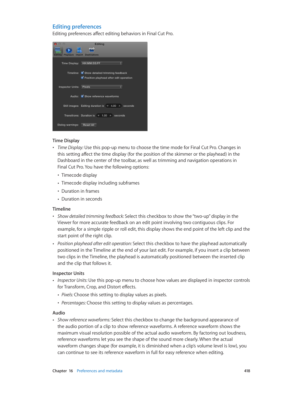 Editing preferences | Apple Final Cut Pro X (10.0.9) User Manual | Page 418 / 476