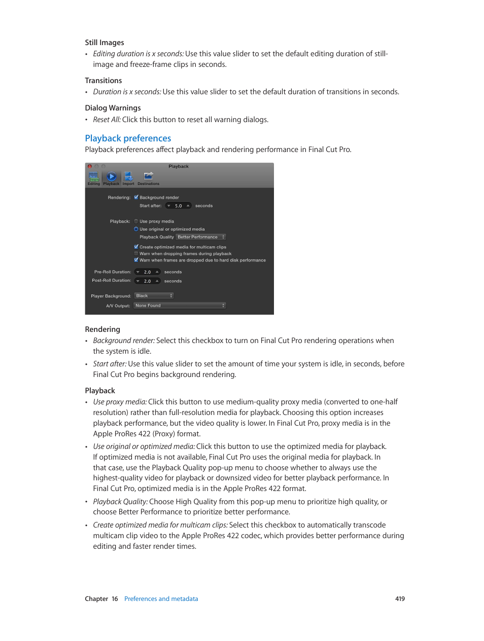 Playback preferences, Playback, Preferences | Apple Final Cut Pro X (10.0.9) User Manual | Page 419 / 476