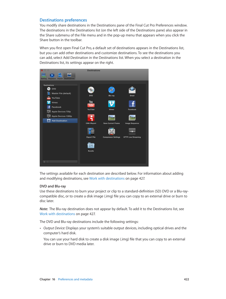 Destinations preferences | Apple Final Cut Pro X (10.0.9) User Manual | Page 422 / 476