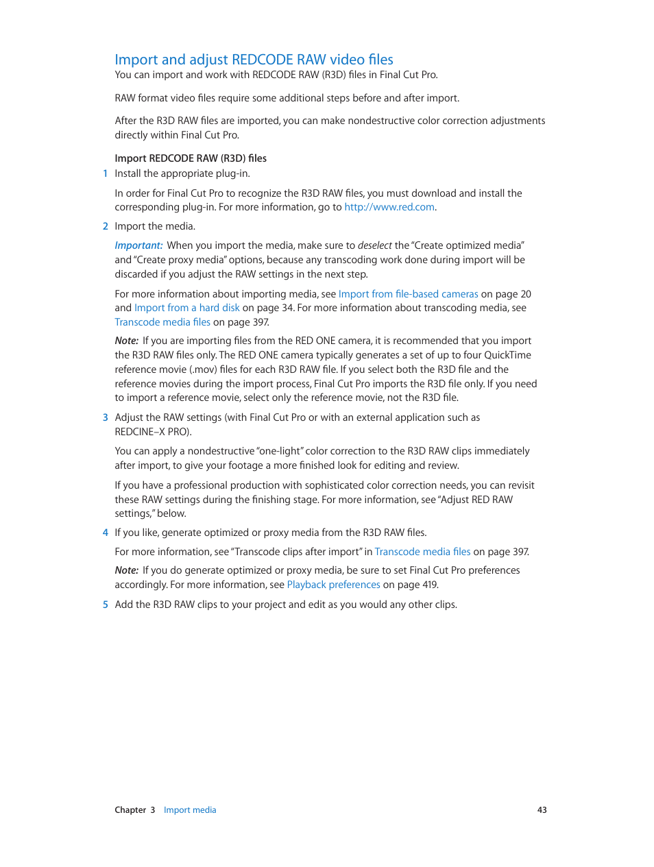 Import and adjust redcode raw video files, 43 import and adjust redcode raw video files | Apple Final Cut Pro X (10.0.9) User Manual | Page 43 / 476