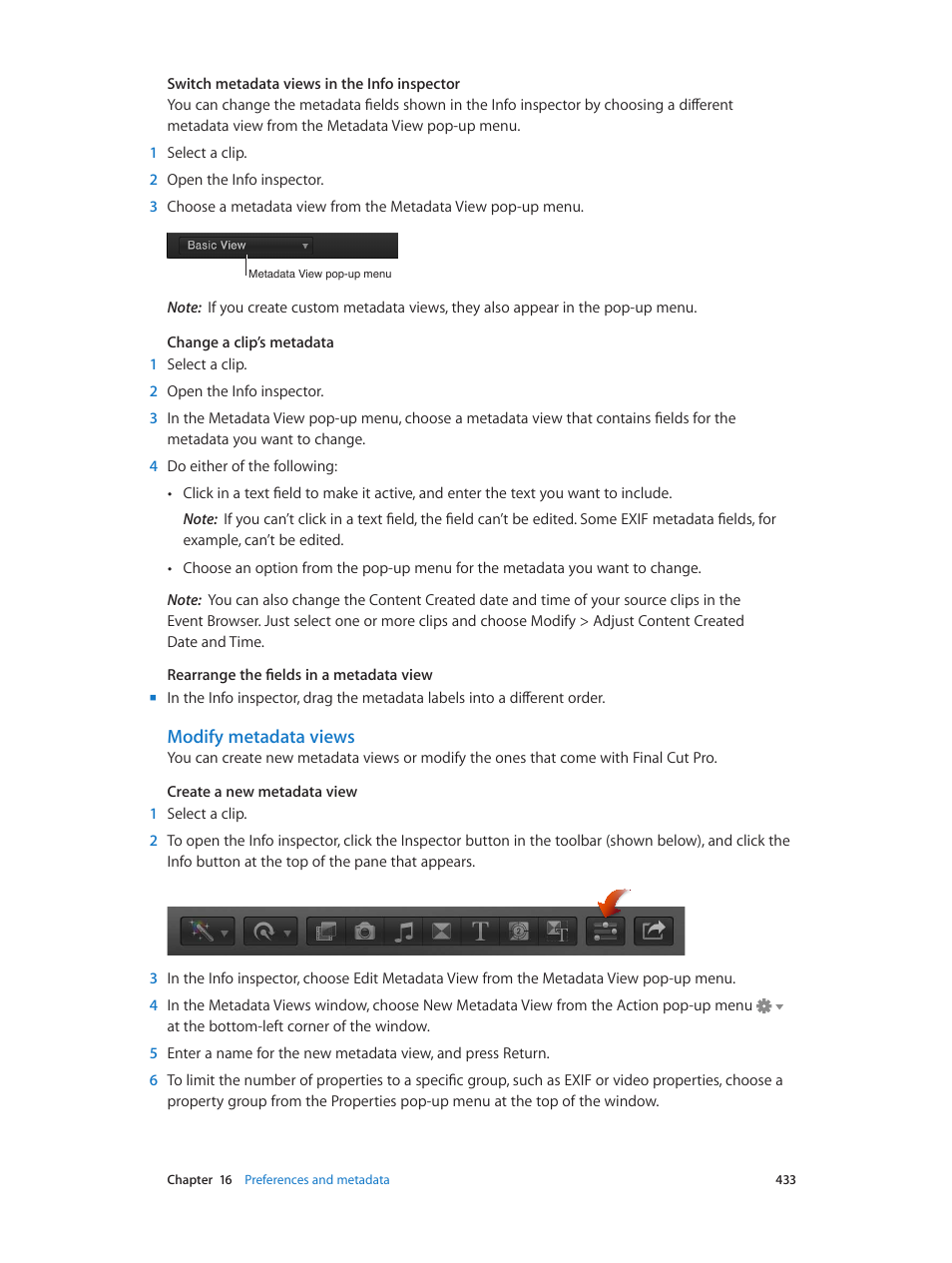 Modify metadata views | Apple Final Cut Pro X (10.0.9) User Manual | Page 433 / 476
