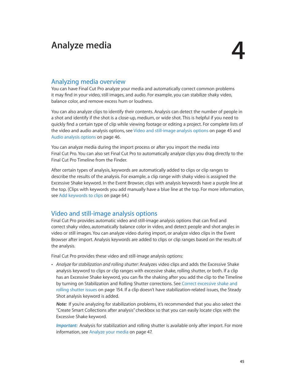 Chapter 4: analyze media, Analyzing media overview, Video and still-image analysis options | Analyze media | Apple Final Cut Pro X (10.0.9) User Manual | Page 45 / 476