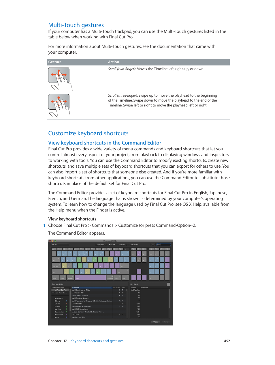Multi-touch gestures, Customize keyboard shortcuts, View keyboard shortcuts in the command editor | View keyboard shortcuts in the command, Editor, Multi, Touch gestures | Apple Final Cut Pro X (10.0.9) User Manual | Page 452 / 476