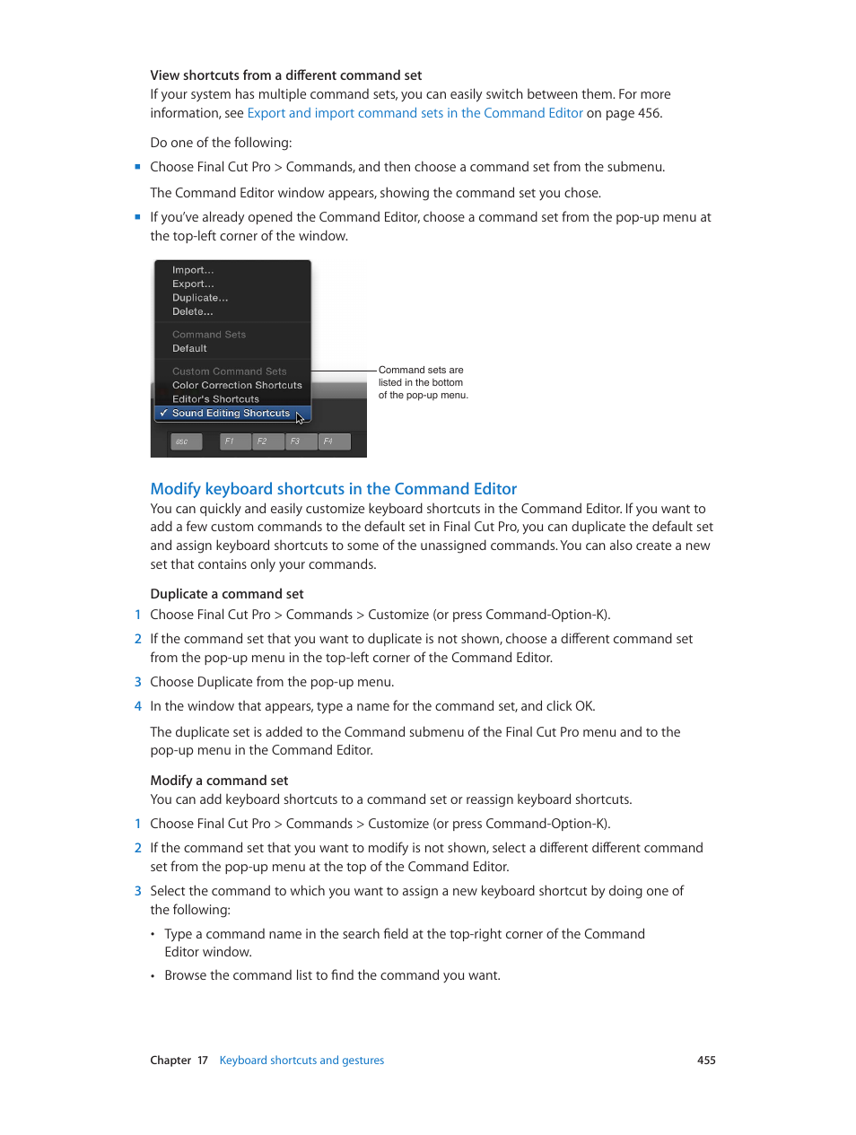 Modify keyboard shortcuts in the command editor | Apple Final Cut Pro X (10.0.9) User Manual | Page 455 / 476