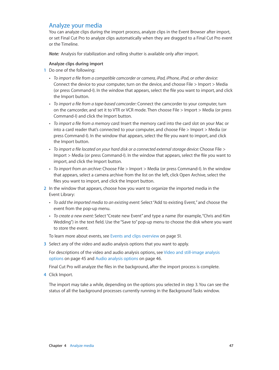 Analyze your media, 47 analyze your media | Apple Final Cut Pro X (10.0.9) User Manual | Page 47 / 476