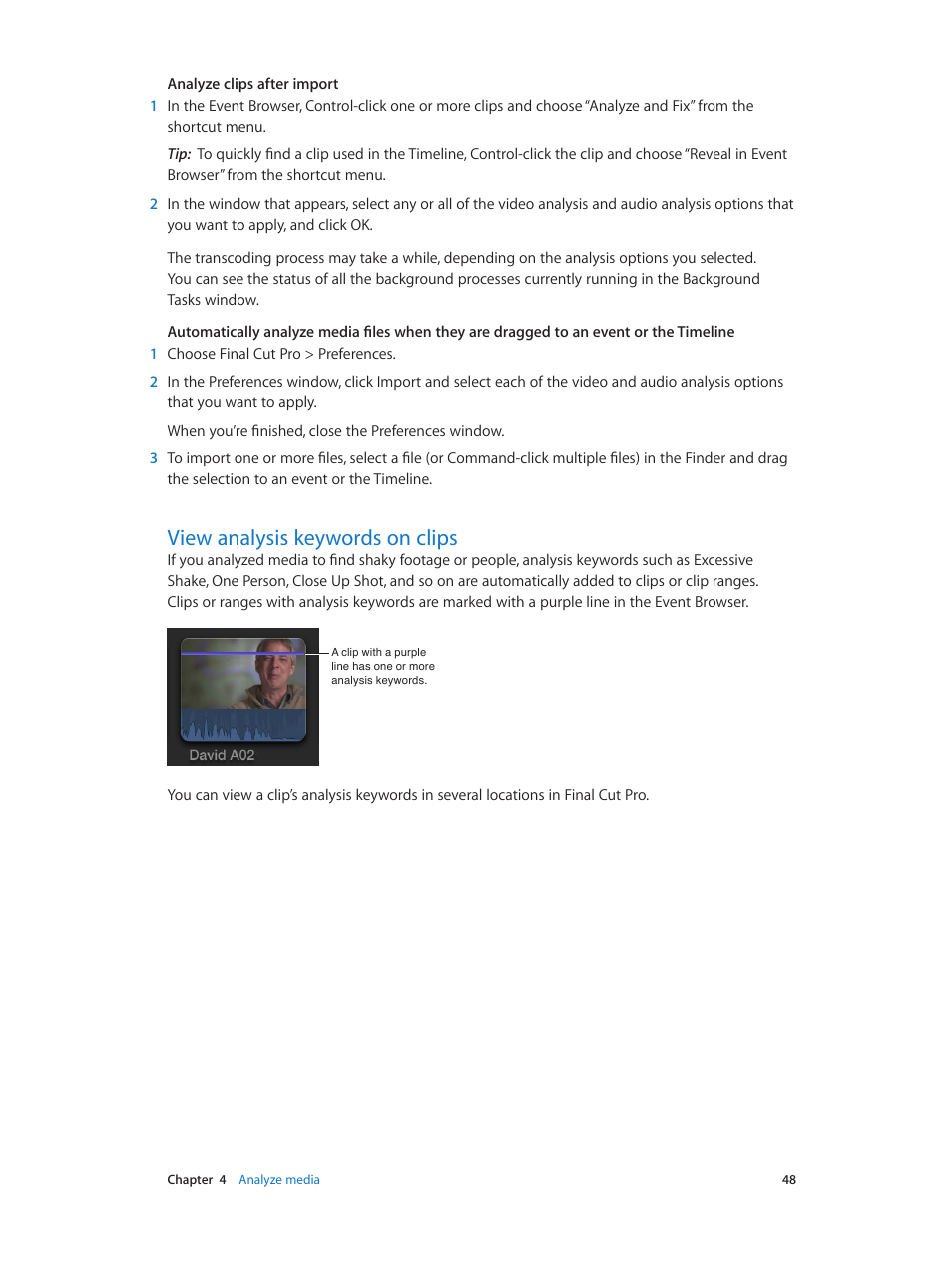 View analysis keywords on clips, 48 view analysis keywords on clips | Apple Final Cut Pro X (10.0.9) User Manual | Page 48 / 476