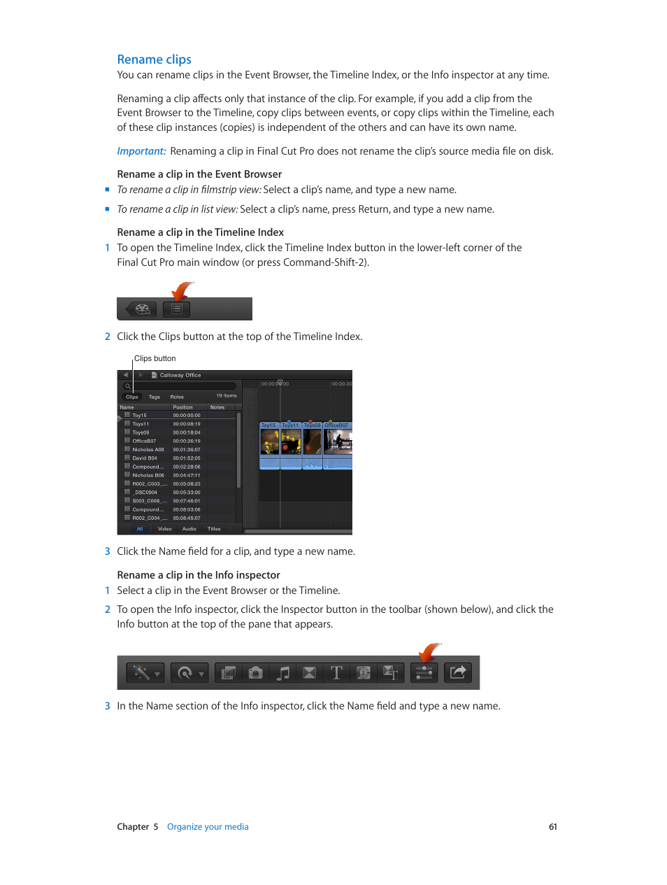 Rename clips | Apple Final Cut Pro X (10.0.9) User Manual | Page 61 / 476