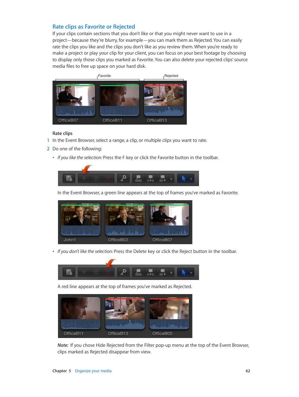 Rate clips as favorite or rejected | Apple Final Cut Pro X (10.0.9) User Manual | Page 62 / 476