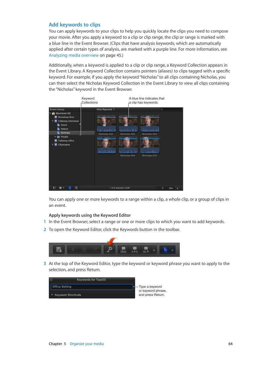 Add keywords to clips | Apple Final Cut Pro X (10.0.9) User Manual | Page 64 / 476