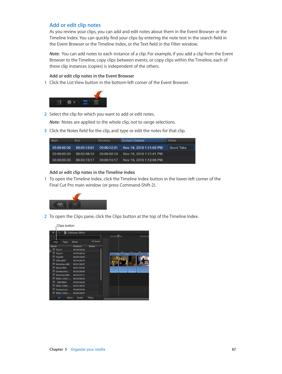 Add or edit clip notes | Apple Final Cut Pro X (10.0.9) User Manual | Page 67 / 476