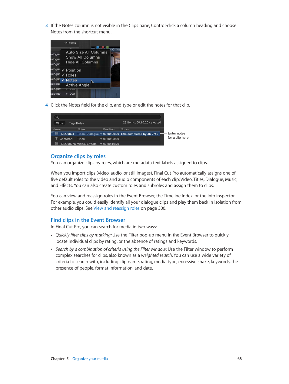 Organize clips by roles, Find clips in the event browser | Apple Final Cut Pro X (10.0.9) User Manual | Page 68 / 476