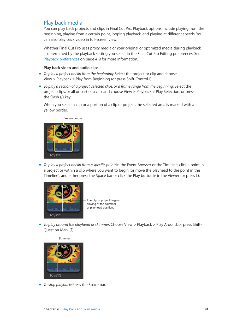 Play back media, 74 play back media, Play back | Media | Apple Final Cut Pro X (10.0.9) User Manual | Page 74 / 476