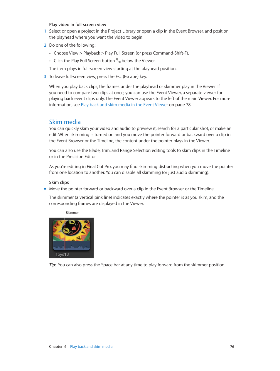 Skim media, 76 skim media | Apple Final Cut Pro X (10.0.9) User Manual | Page 76 / 476
