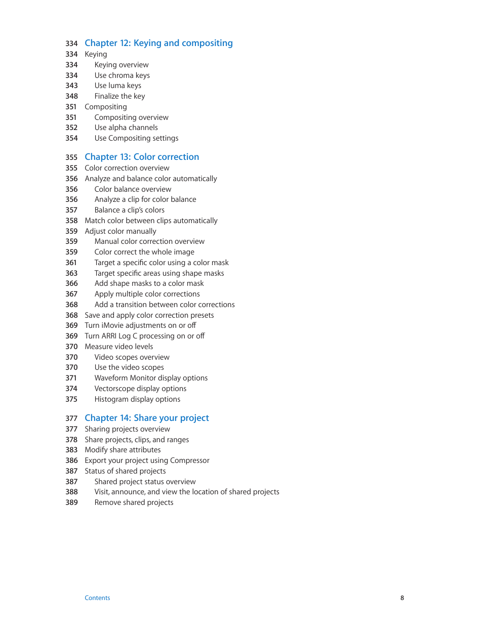Chapter 12: keying and compositing, Chapter 13: color correction, Chapter 14: share your project | Apple Final Cut Pro X (10.0.9) User Manual | Page 8 / 476