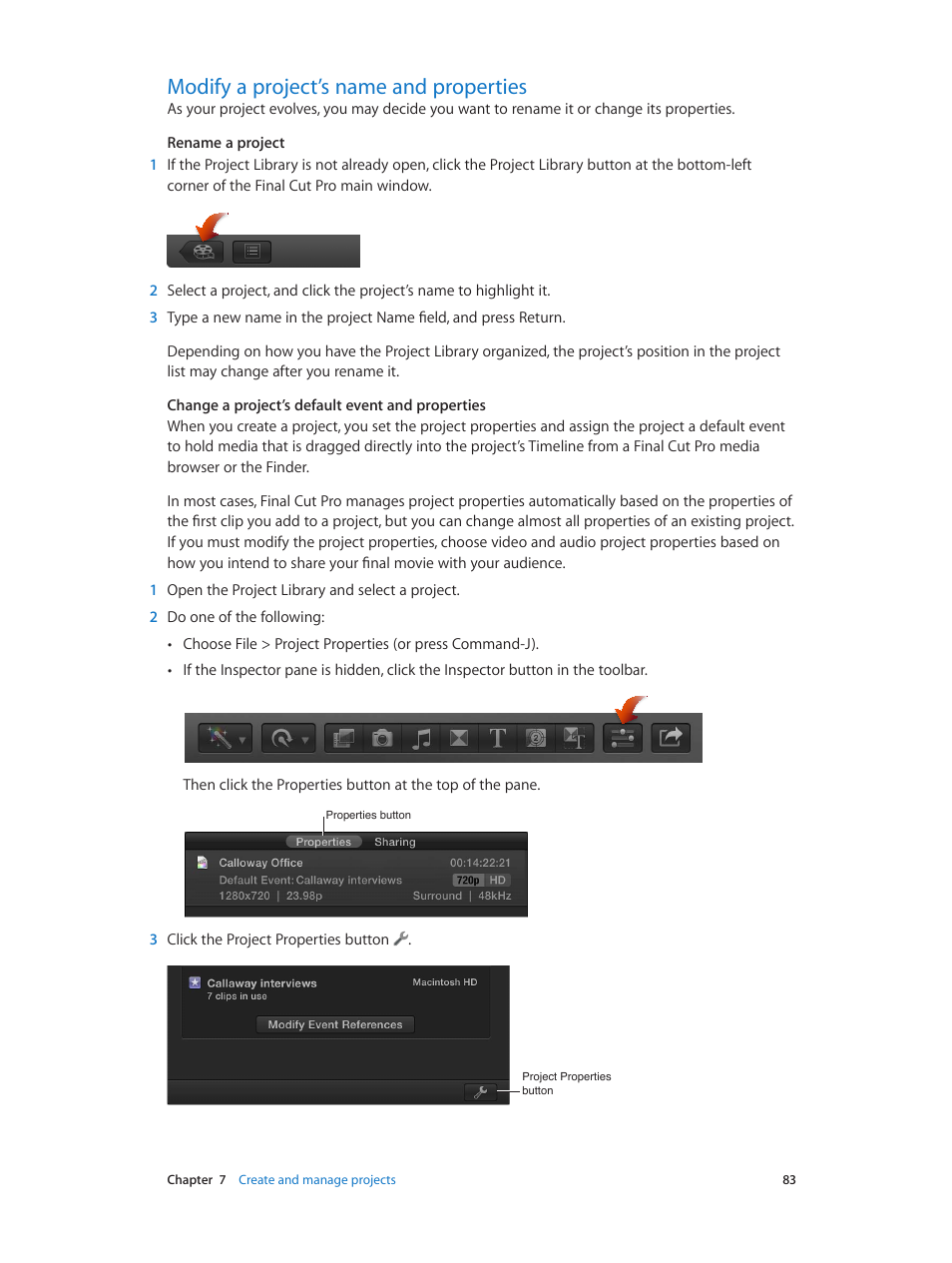 Modify a project’s name and properties, 83 modify a project’s name and properties, Modify a | Project’s name and properties, 83 f | Apple Final Cut Pro X (10.0.9) User Manual | Page 83 / 476