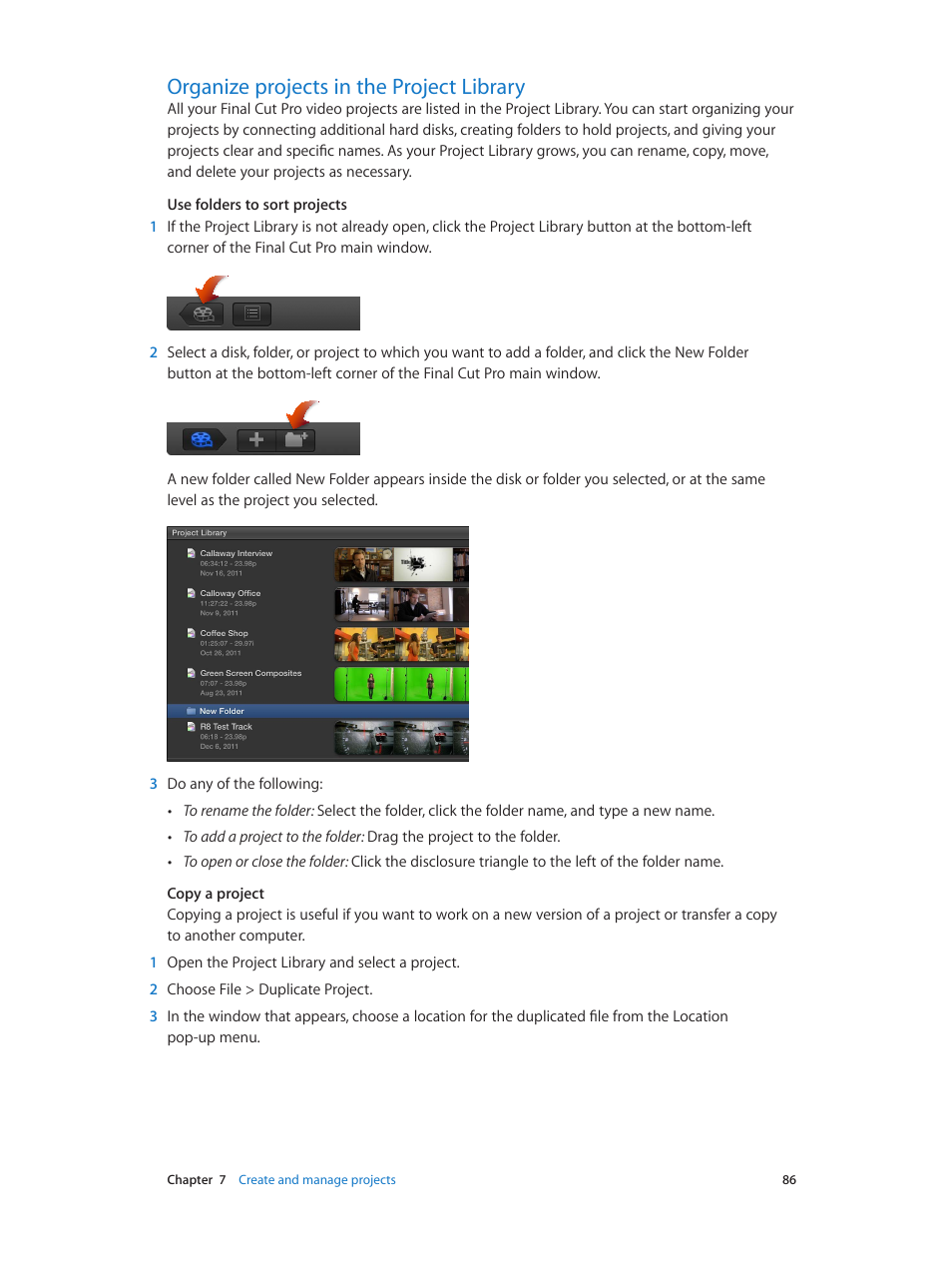 Organize projects in the project library, 86 organize projects in the project library | Apple Final Cut Pro X (10.0.9) User Manual | Page 86 / 476