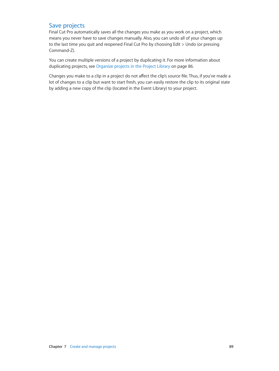 Save projects, 89 save projects | Apple Final Cut Pro X (10.0.9) User Manual | Page 89 / 476