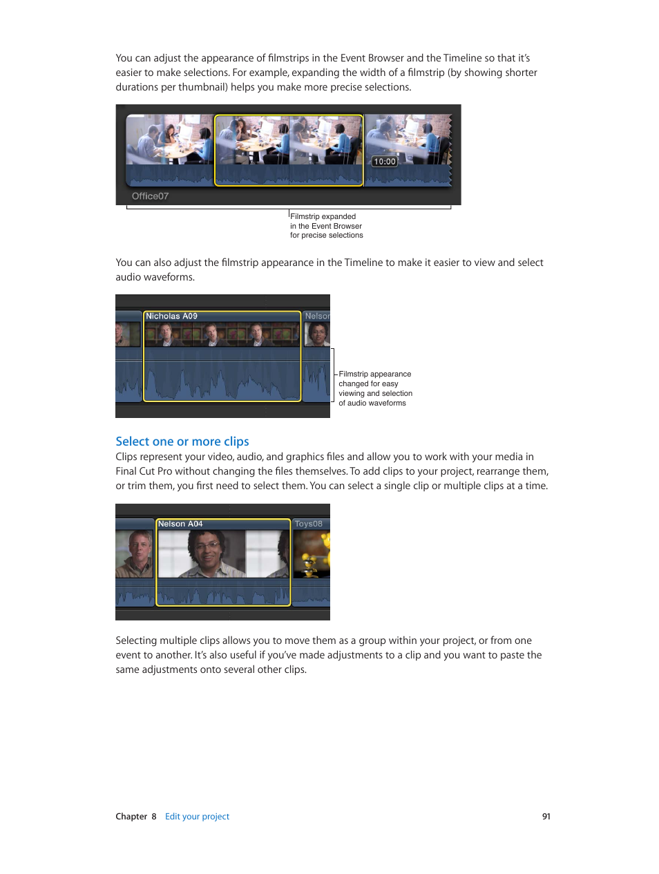 Select one or more clips | Apple Final Cut Pro X (10.0.9) User Manual | Page 91 / 476